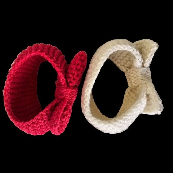 2 Hand-Knit Wide Bow Headbands Baby Girl White Hot Pink - Picture 2 of 5